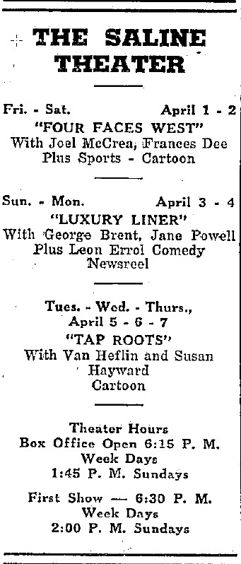 Saline Theatre - 31 March 1949 Ad (newer photo)